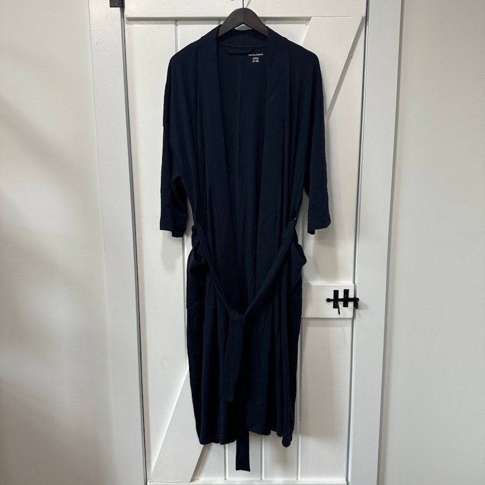 Eileen Fisher Womens Robe L/XL 3/4 Sleeve Sleep Blue Jersey Knit Cotton Belt NEW